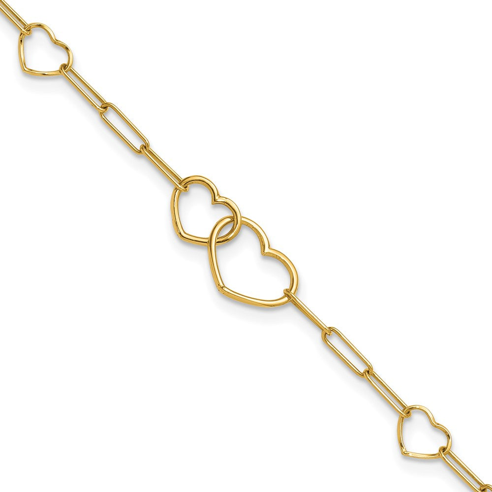 14k Polished Paper Clip Link Heart Shape 7.5in Bracelet