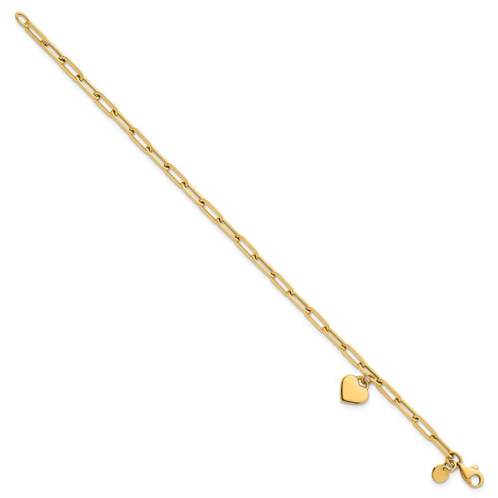 14k Polished Dangle Heart 7.25in Paperclip Bracelet
