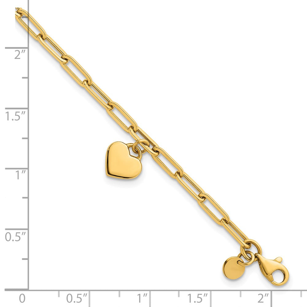 14k Polished Dangle Heart 7.25in Paperclip Bracelet