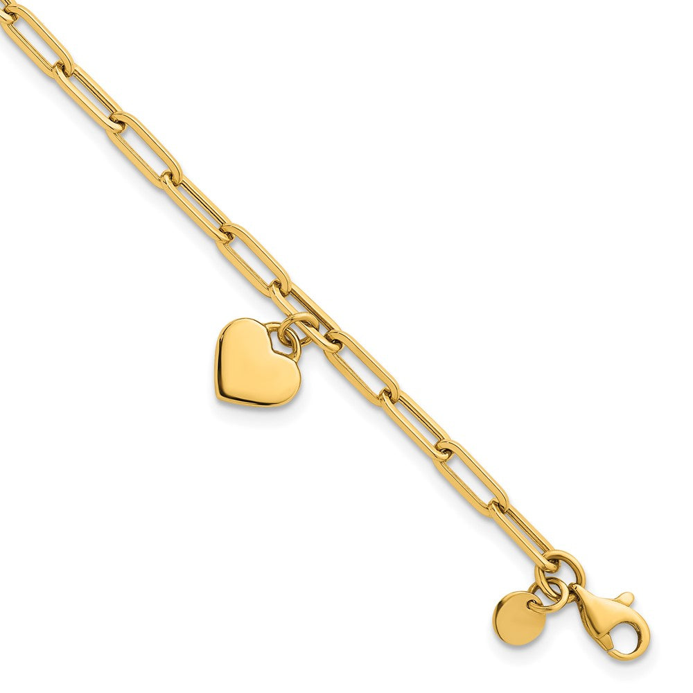 14k Polished Dangle Heart 7.25in Paperclip Bracelet