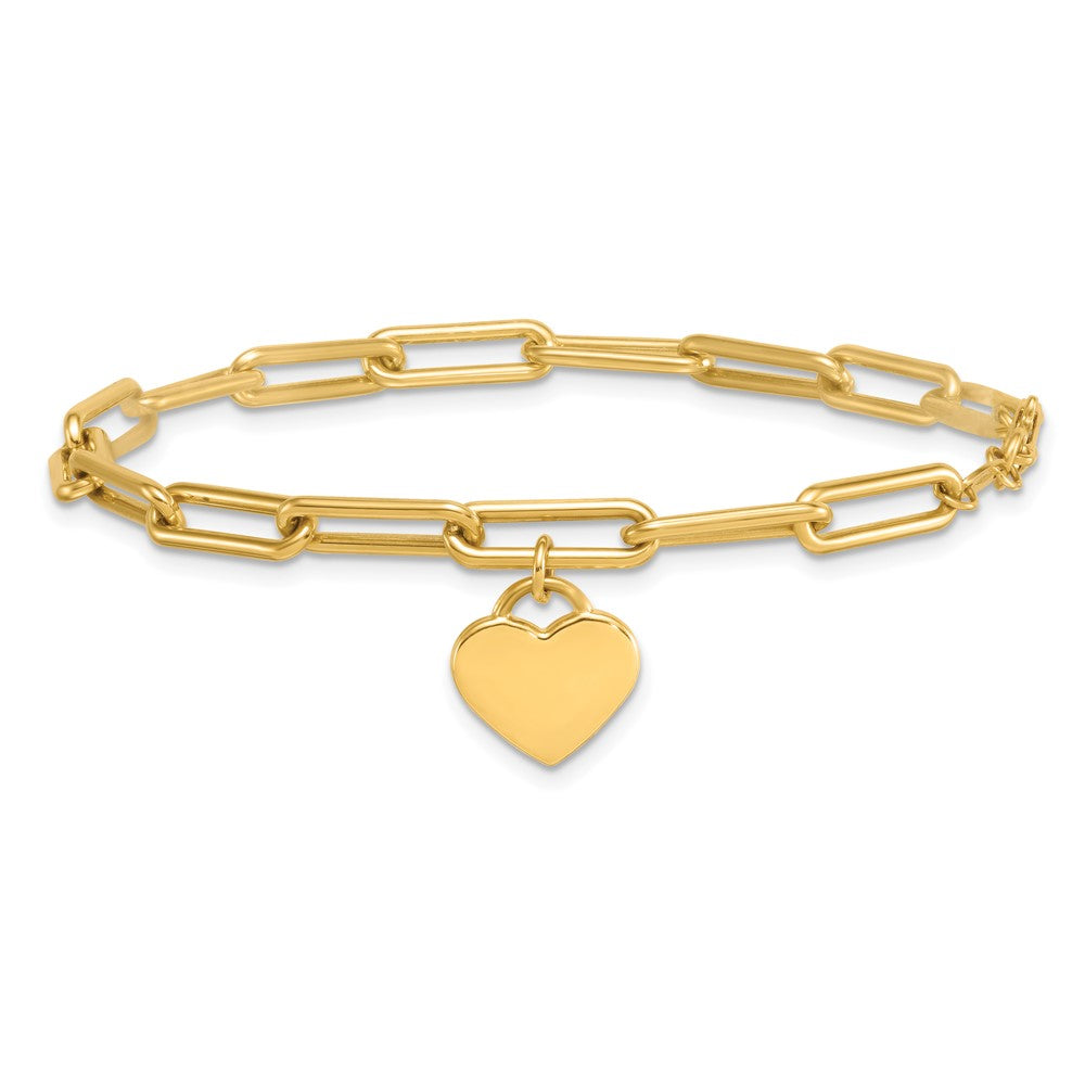 14k Polished Dangle Heart 7.5in Paperclip Bracelet