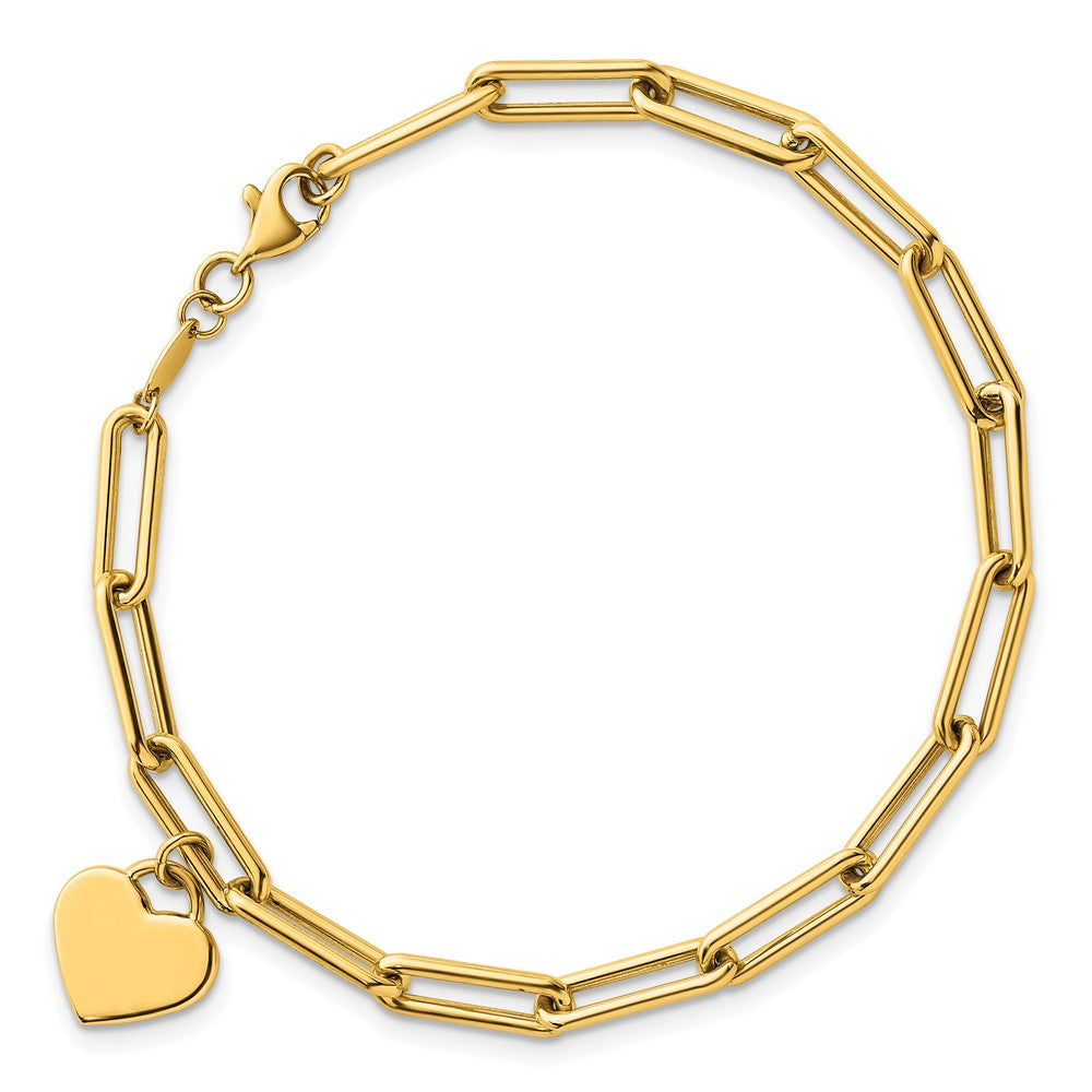 14k Polished Dangle Heart 7.5in Paperclip Bracelet
