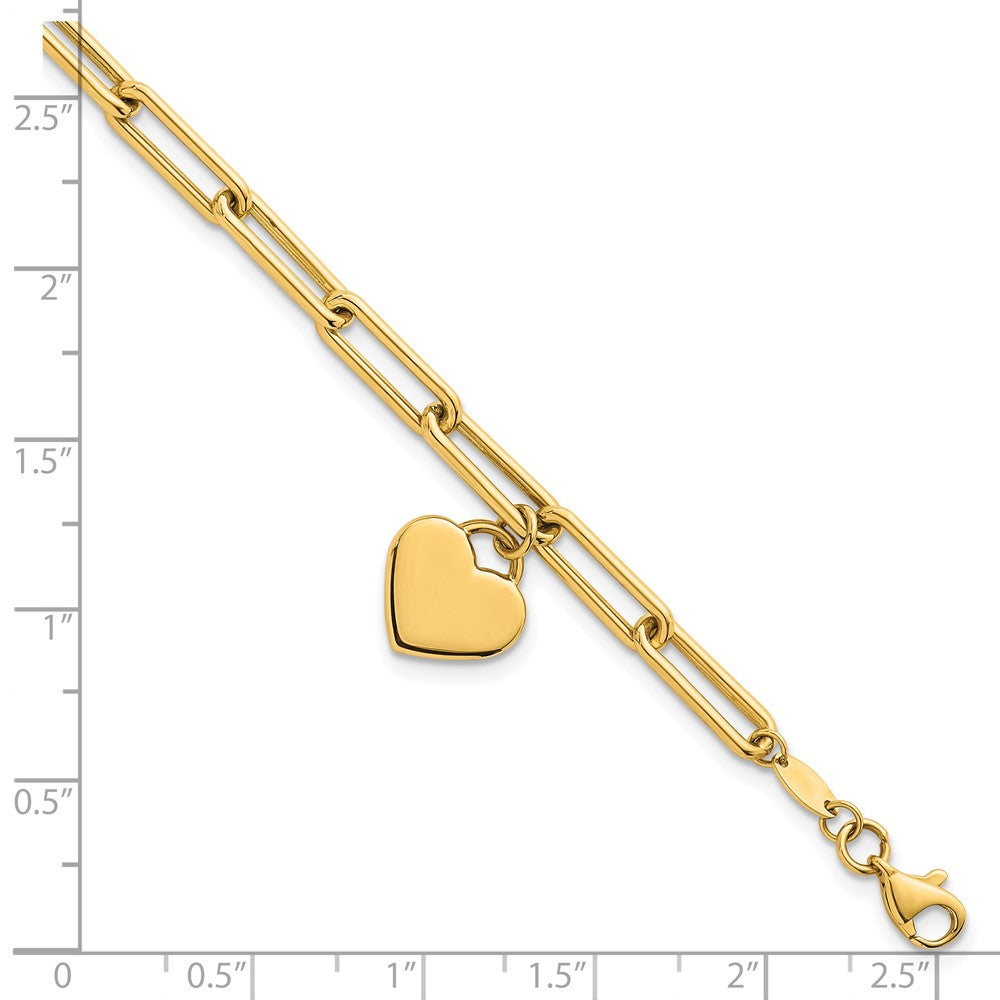 14k Polished Dangle Heart 7.5in Paperclip Bracelet