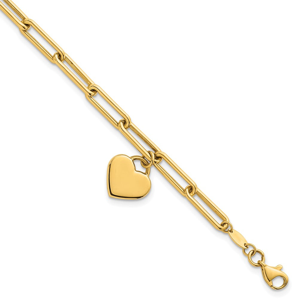 14k Polished Dangle Heart 7.5in Paperclip Bracelet