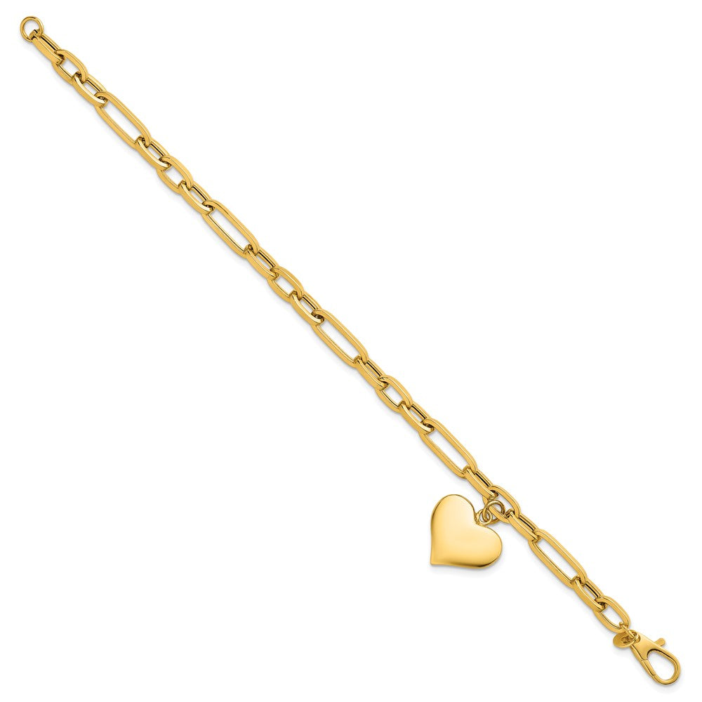 14k Polished Paperclip Link With Heart Dangle 7.5in Bracelet