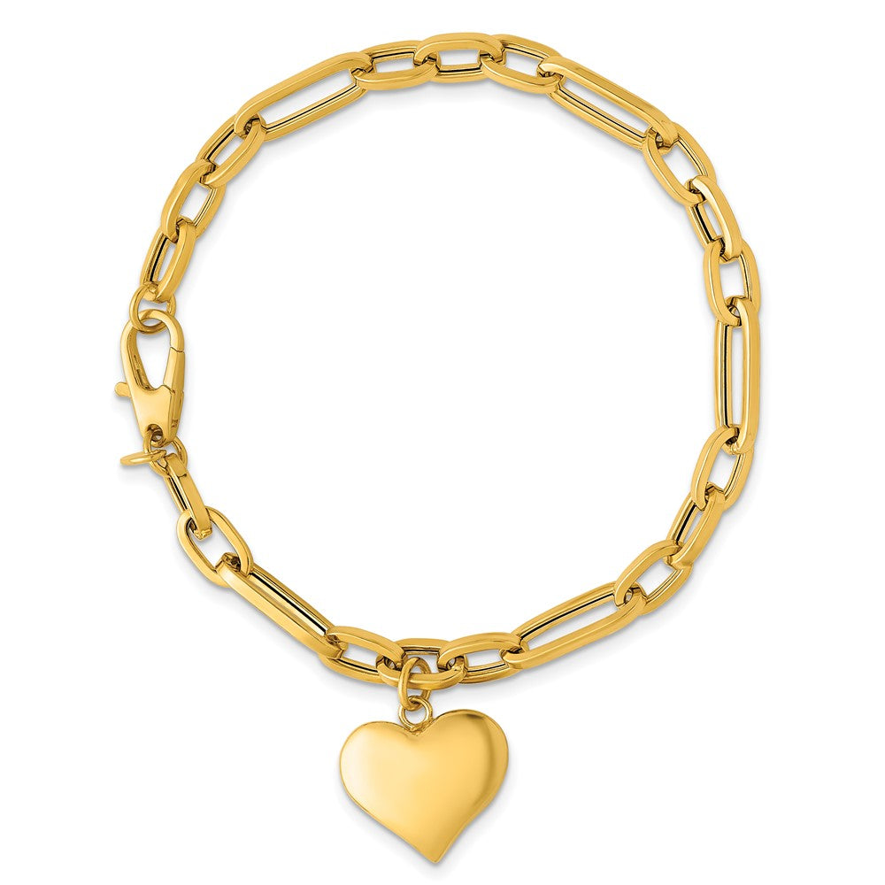 14k Polished Paperclip Link With Heart Dangle 7.5in Bracelet