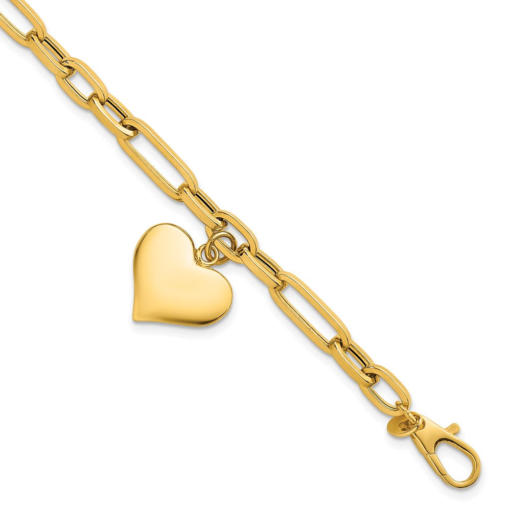 14k Polished Paperclip Link With Heart Dangle 7.5in Bracelet