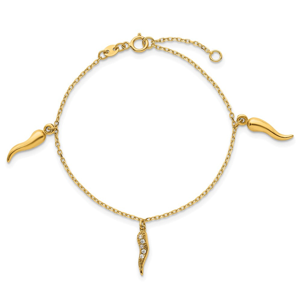 14k Polished CZ Italian Horns w/.75in Ext Bracelet