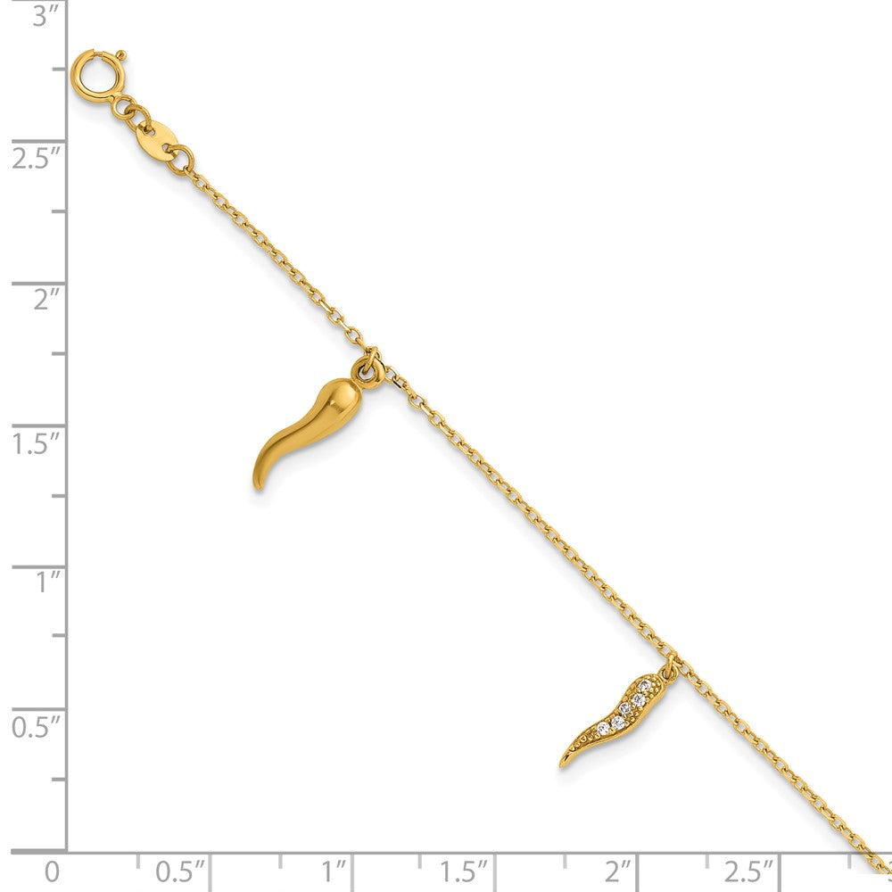14k Polished CZ Italian Horns w/.75in Ext Bracelet