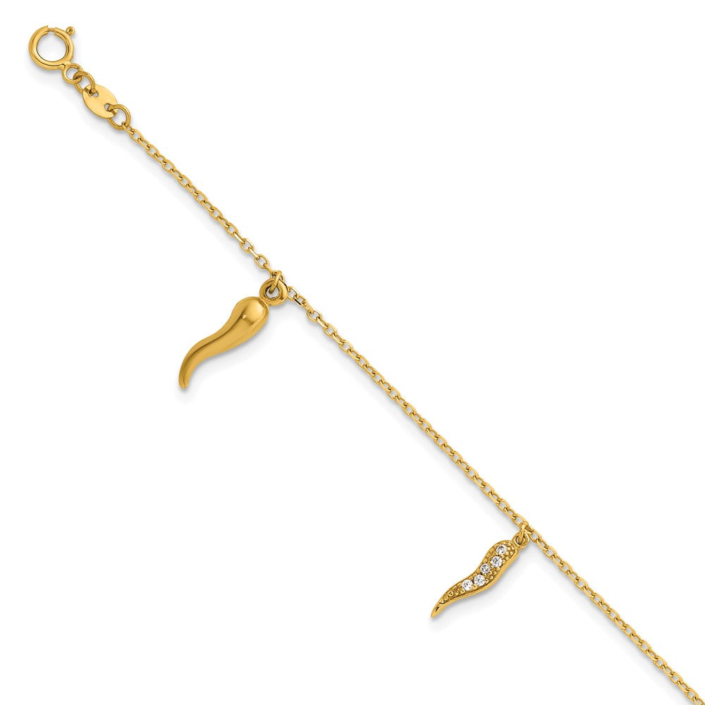 14k Polished CZ Italian Horns w/.75in Ext Bracelet