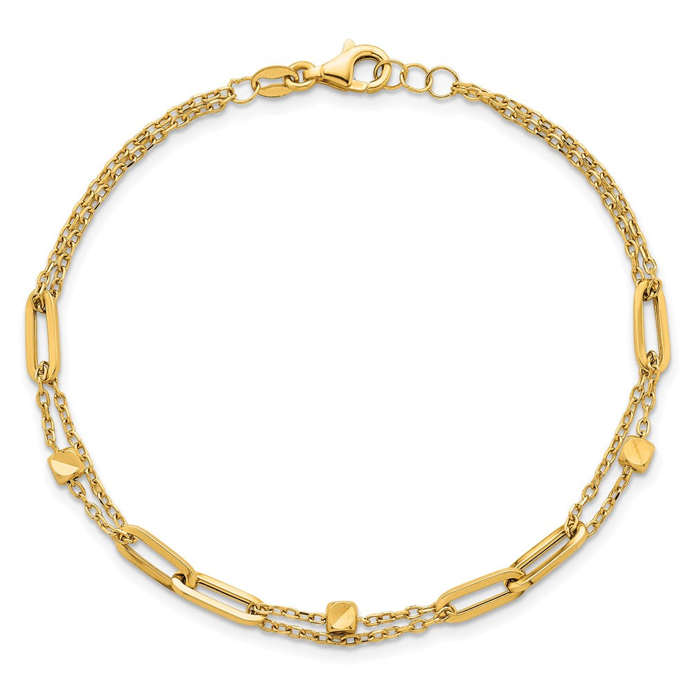 14K Polished and Beaded 2-Strand Fancy Link 7.5 Inch Bracelet