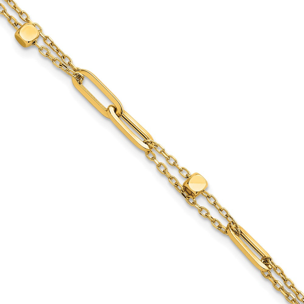 14K Polished and Beaded 2-Strand Fancy Link 7.5 Inch Bracelet