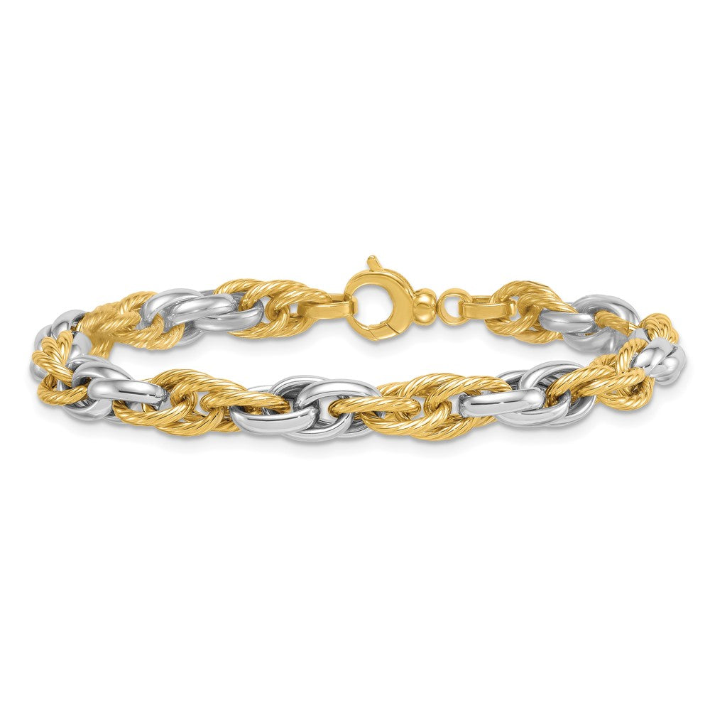 14k Two-tone Polished Textured Fancy Rope Link Bracelet