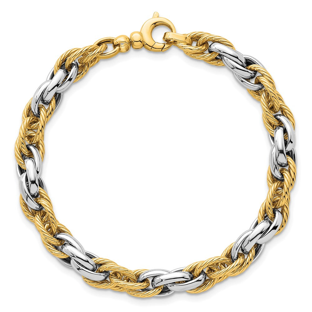 14k Two-tone Polished Textured Fancy Rope Link Bracelet