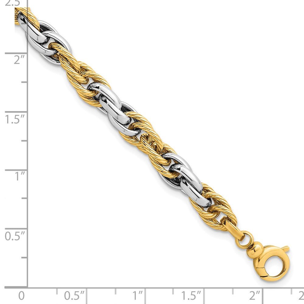 14k Two-tone Polished Textured Fancy Rope Link Bracelet