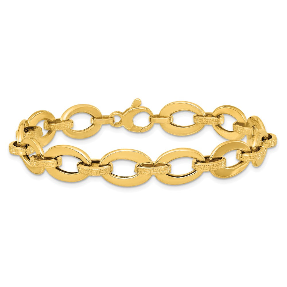 14K Polished and Textured Greek Key 7.75in Fancy Link Bracelet