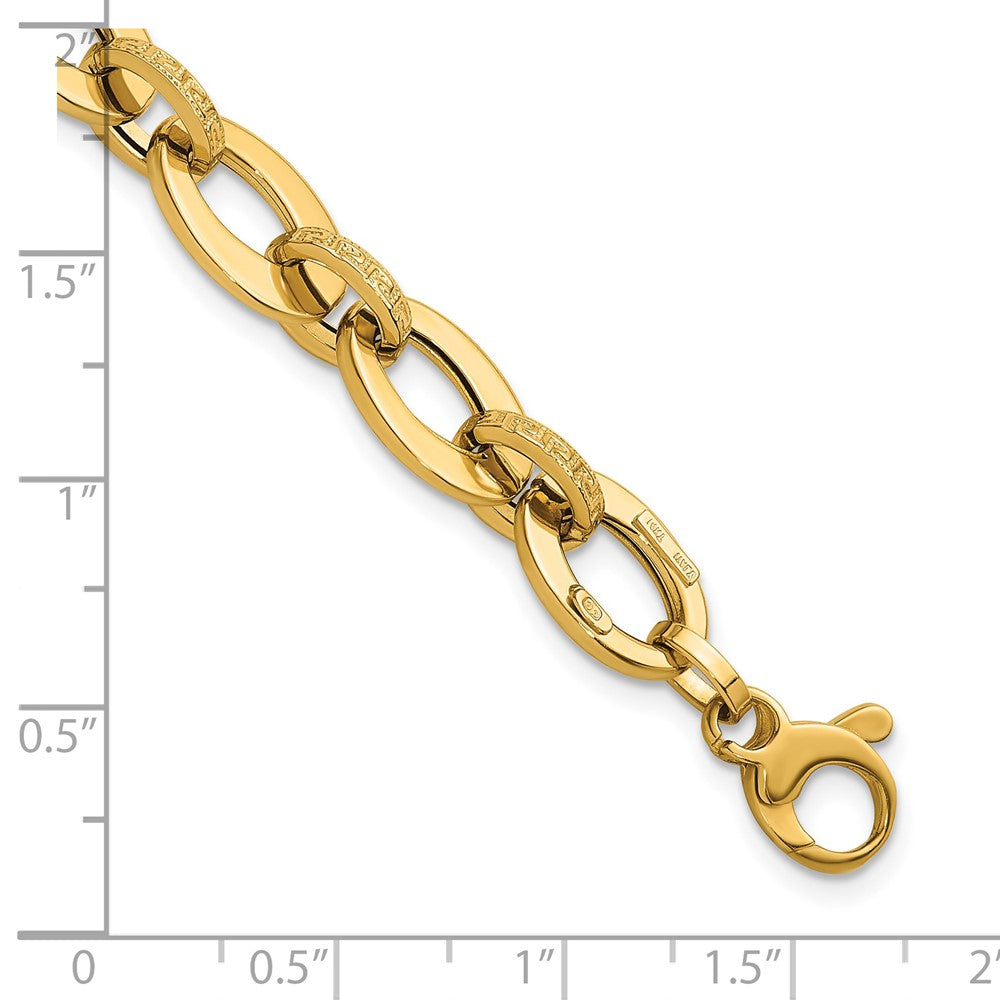 14K Polished and Textured Greek Key 7.75in Fancy Link Bracelet
