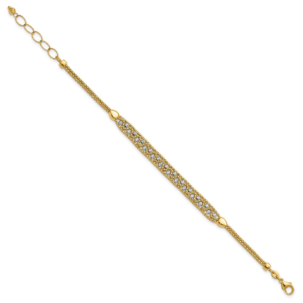 14k Two-Tone Textured and D/C Beaded w/1 inch ext Bracelet