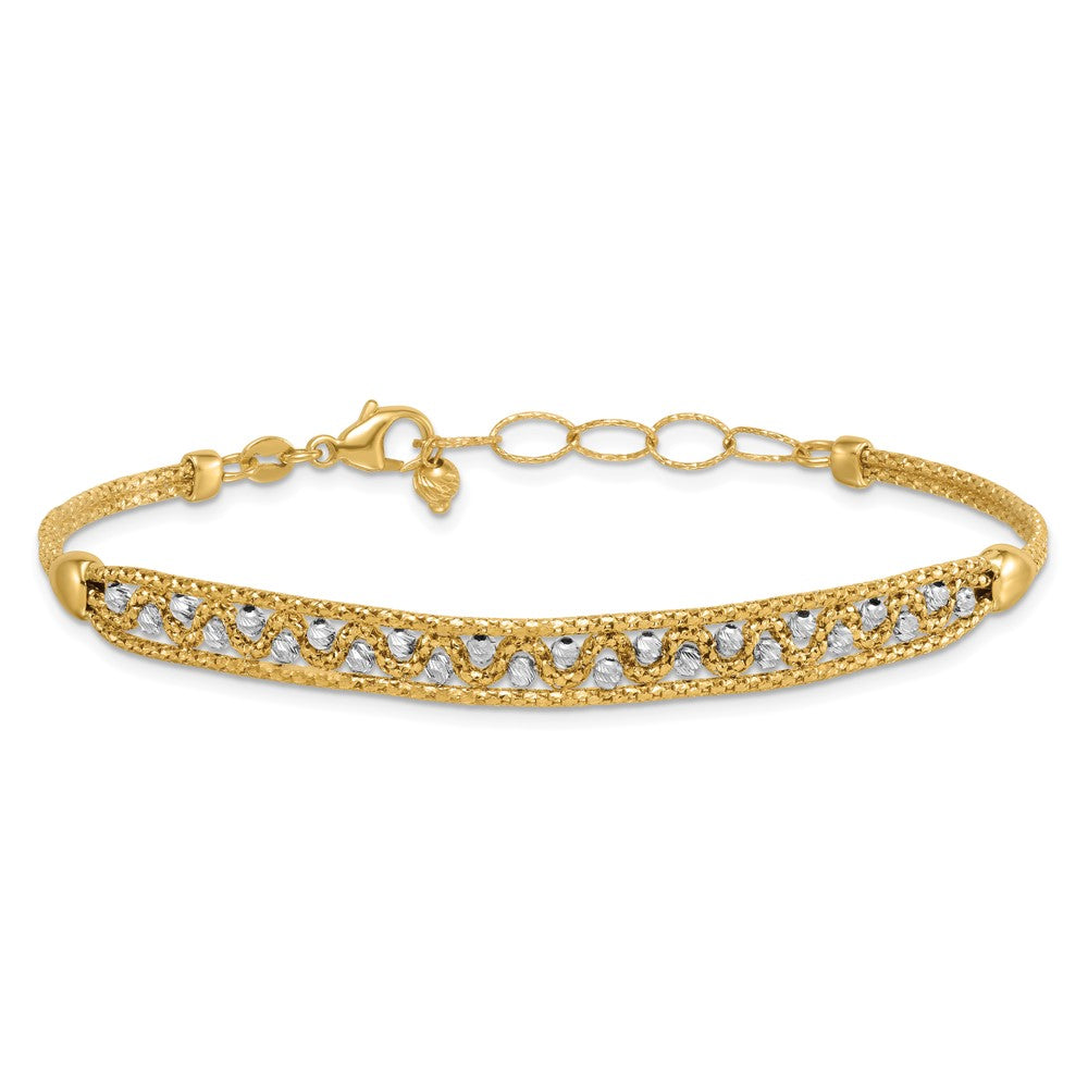 14k Two-Tone Textured and D/C Beaded w/1 inch ext Bracelet