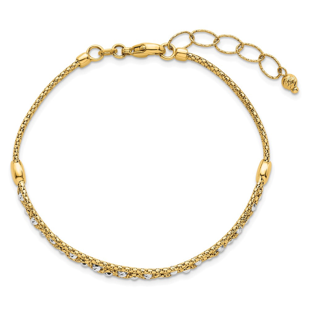 14k Two-Tone Textured and D/C Beaded w/1 inch ext Bracelet