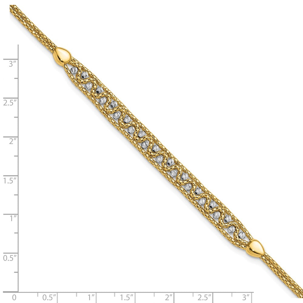 14k Two-Tone Textured and D/C Beaded w/1 inch ext Bracelet