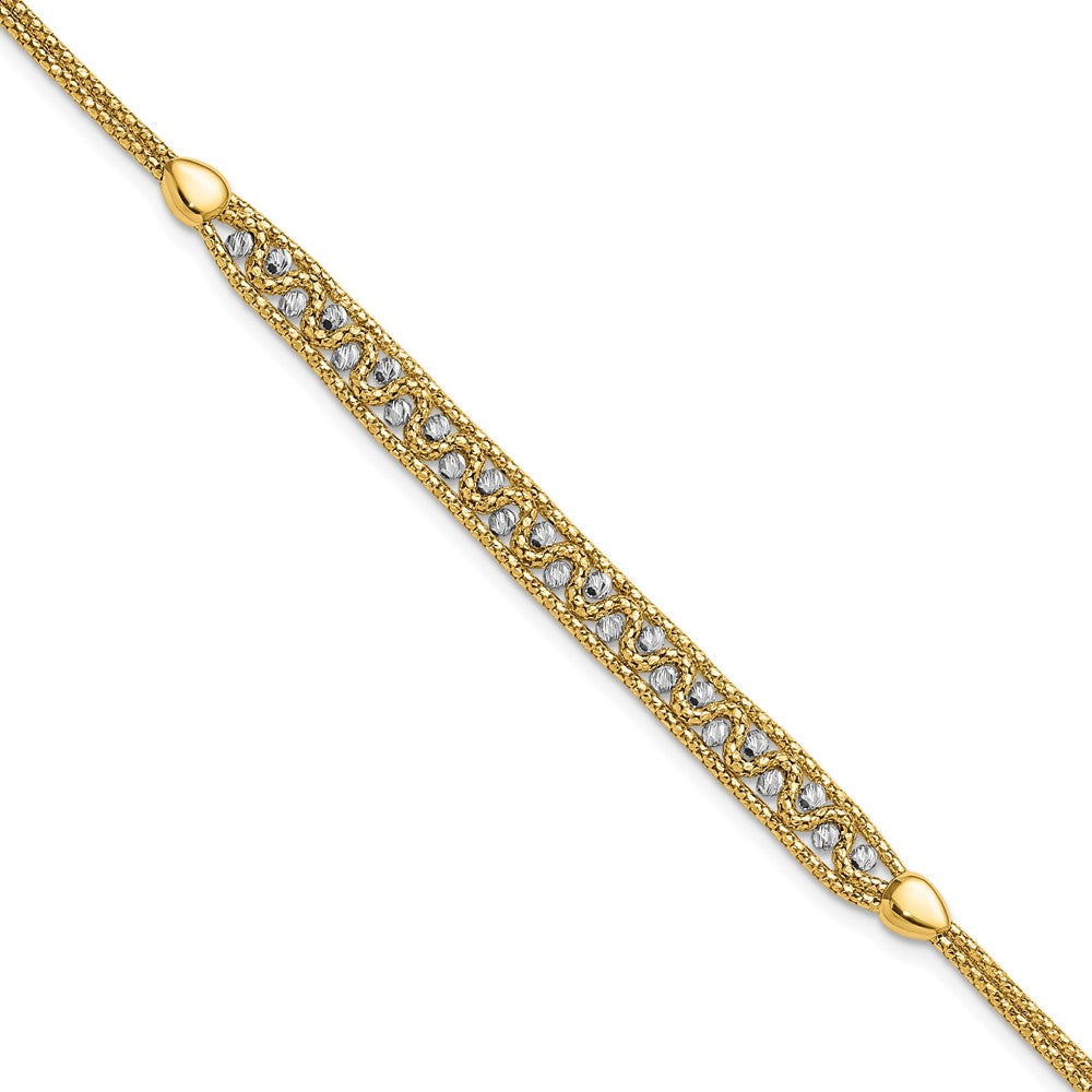 14k Two-Tone Textured and D/C Beaded w/1 inch ext Bracelet