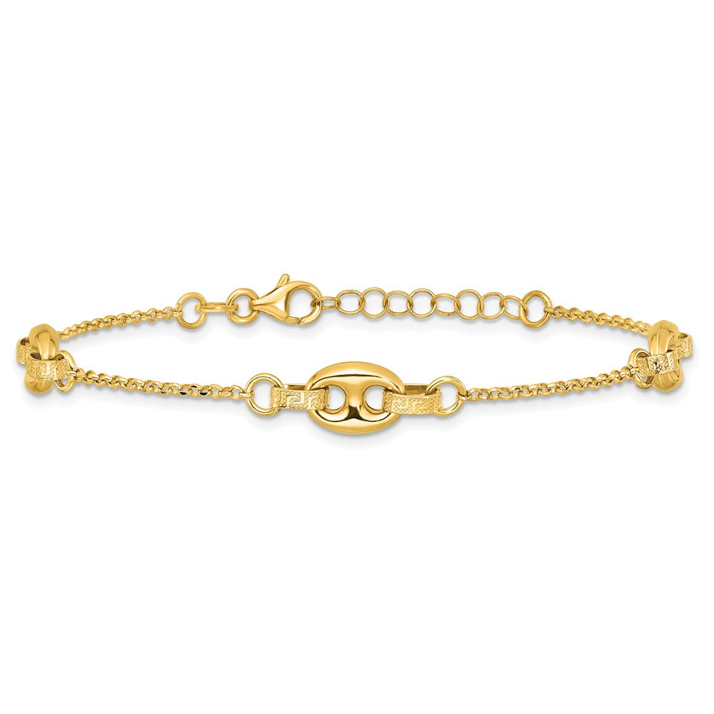 14K Polished and Textured Greek Key 7.25 w/1in ext. Link Bracelet
