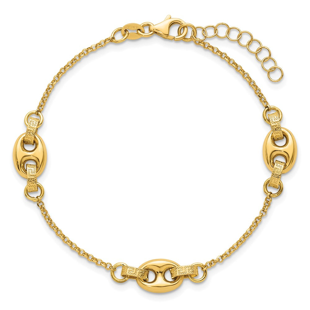 14K Polished and Textured Greek Key 7.25 w/1in ext. Link Bracelet