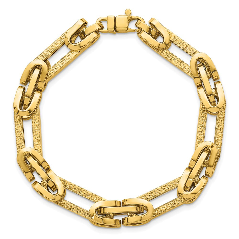 14k Polished & Textured Greek Key Design Oval Link 7.25 in Bracelet