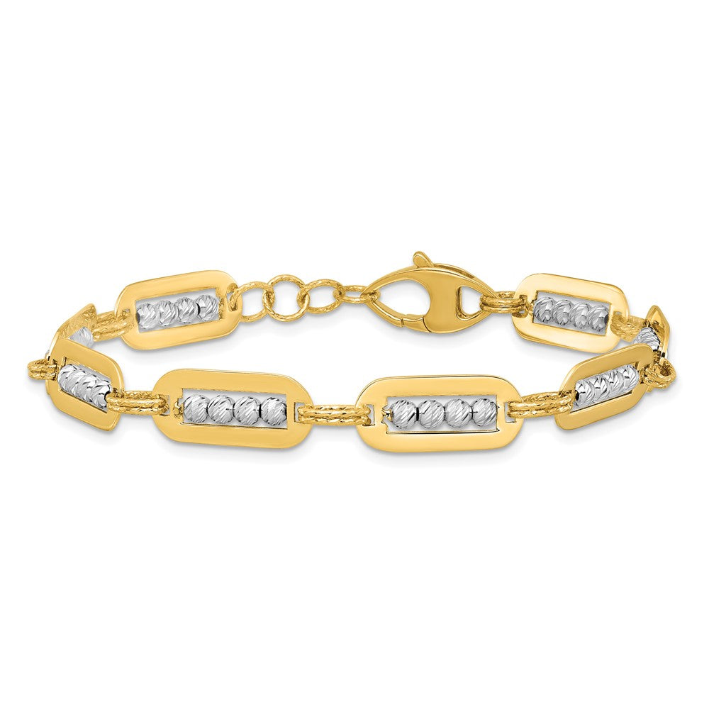14K Two-Tone Polished Diamond-cut Bead 7.25 w/.5in ext. Bracelet