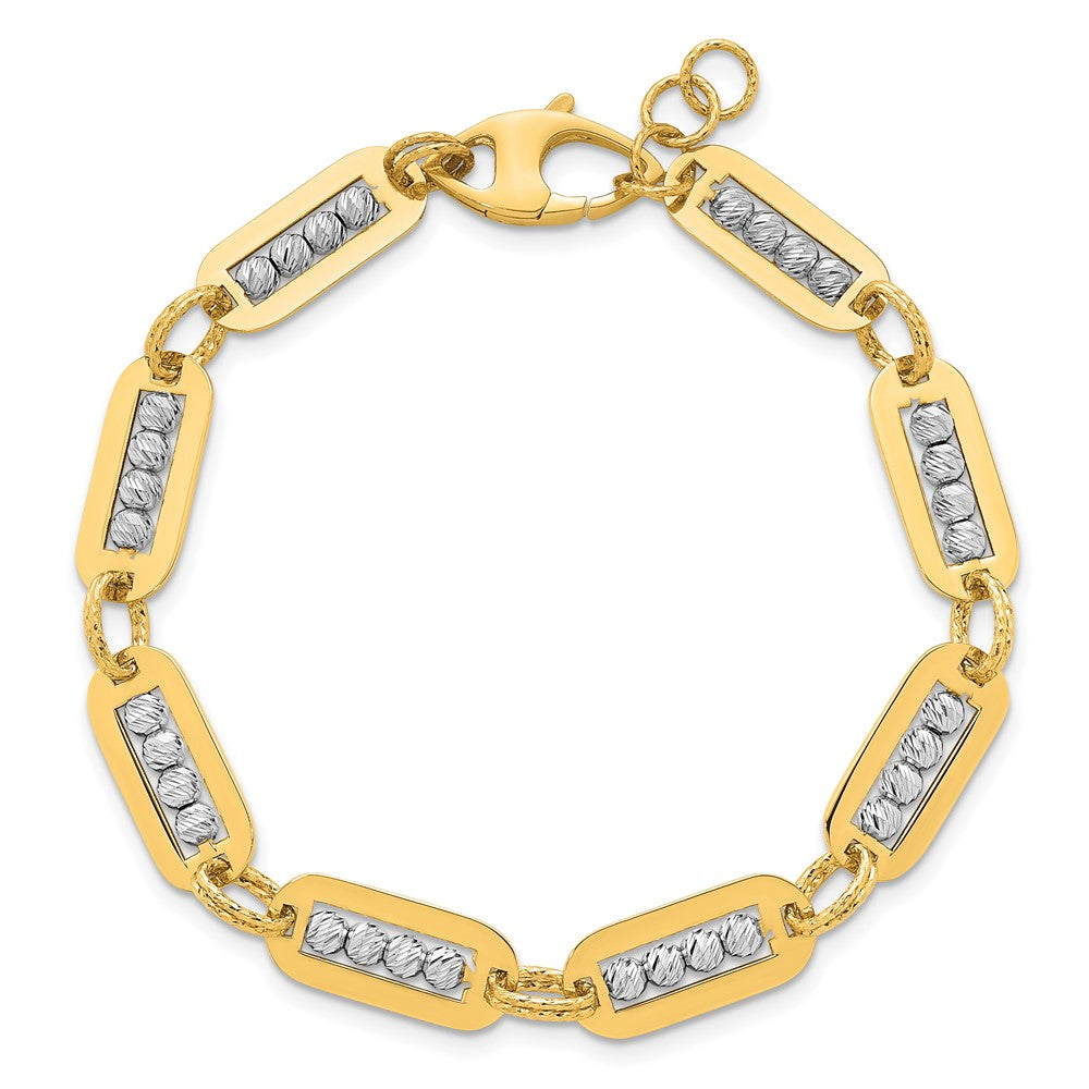 14K Two-Tone Polished Diamond-cut Bead 7.25 w/.5in ext. Bracelet