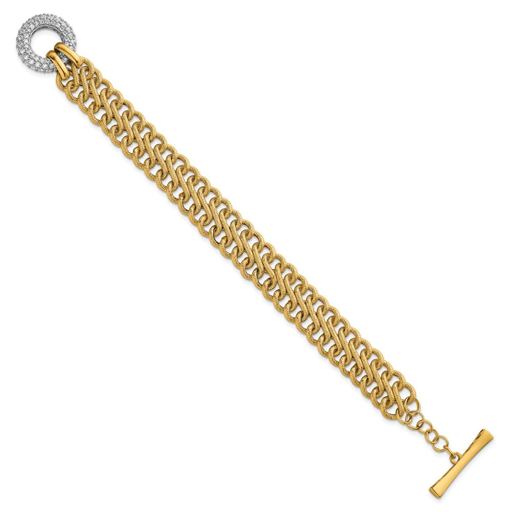 14k w/White Rhodium Textured Fancy Chain CZ Toggle Bracelet