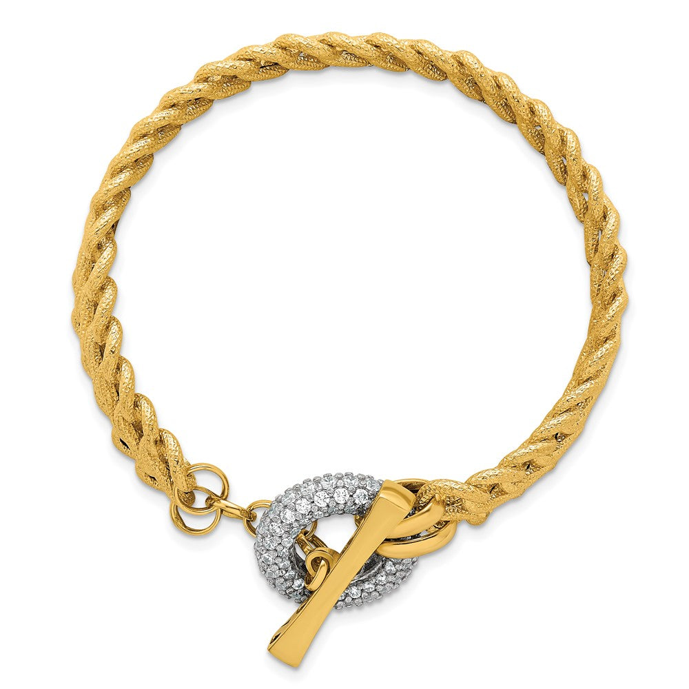 14k w/White Rhodium Textured Fancy Chain CZ Toggle Bracelet