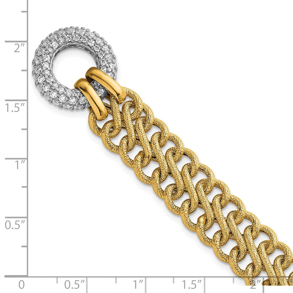 14k w/White Rhodium Textured Fancy Chain CZ Toggle Bracelet