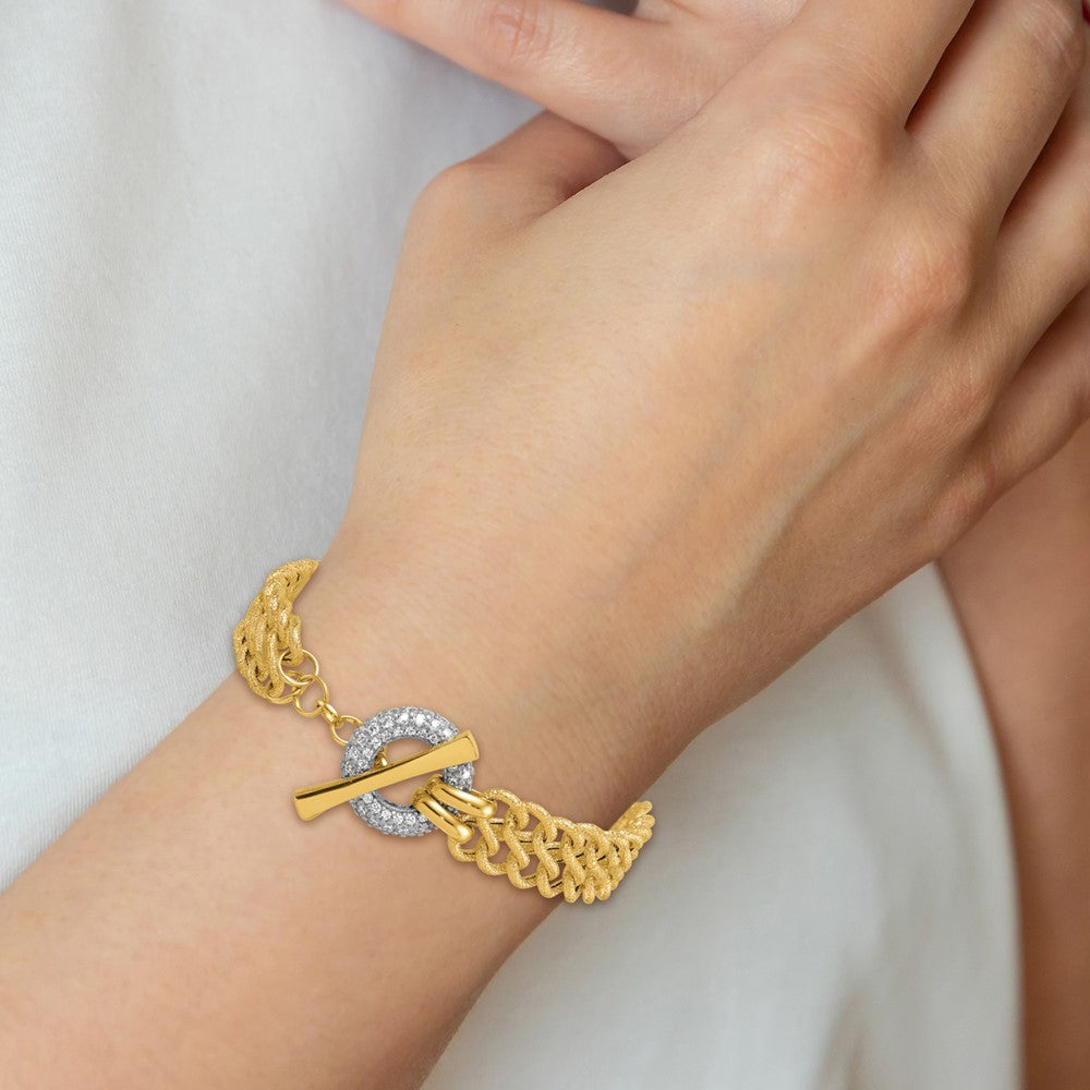 14k w/White Rhodium Textured Fancy Chain CZ Toggle Bracelet
