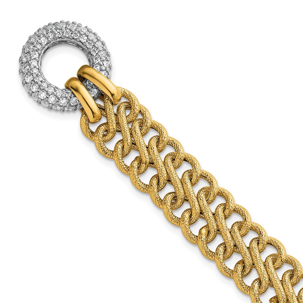 14k w/White Rhodium Textured Fancy Chain CZ Toggle Bracelet