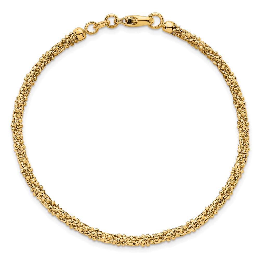 14k Textured Twisted Fancy Beaded 3mm Bracelet