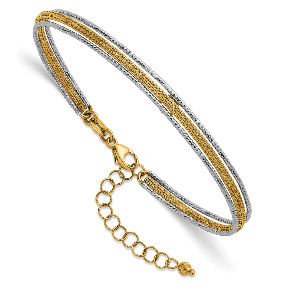 14k Two-Tone Textured Woven Flexible w/ ext Bangle Bracelet