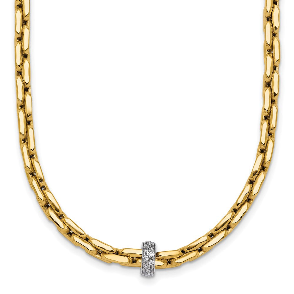 14k Two-tone Polished Fancy Link w/CZ Bead Necklace