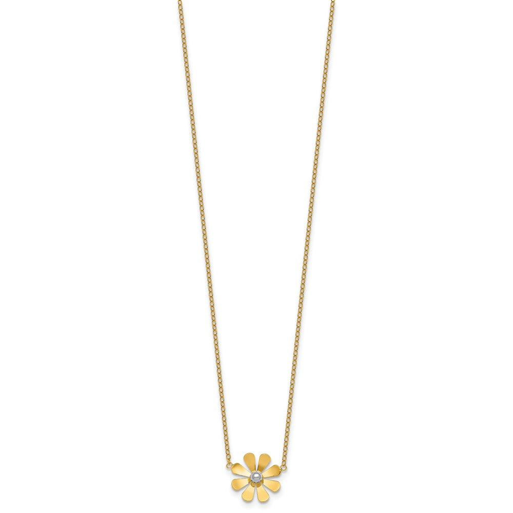 14k w/White Rhodium Polished Daisy 16in With 2in Ext Necklace