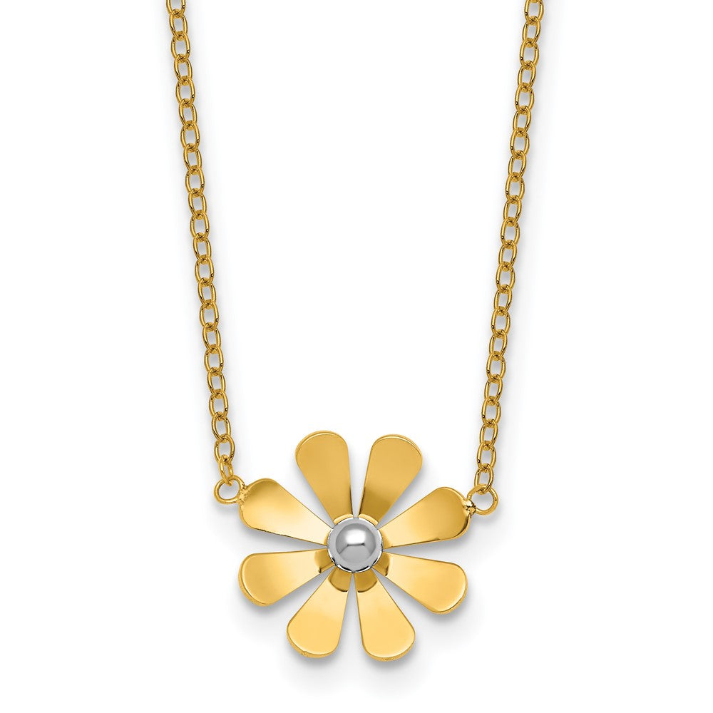 14k w/White Rhodium Polished Daisy 16in With 2in Ext Necklace
