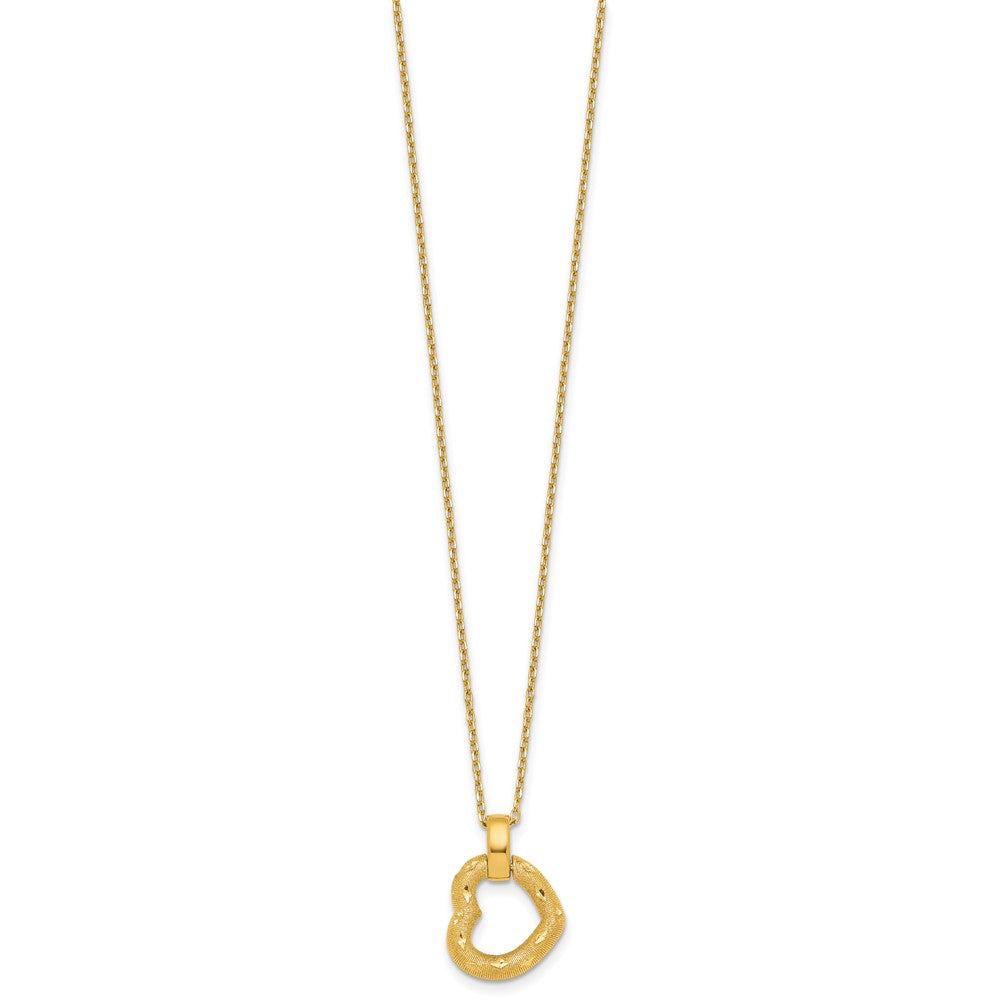 14K Polished Textured D/C Fancy Heart 16in w/2.25in Ext Necklace