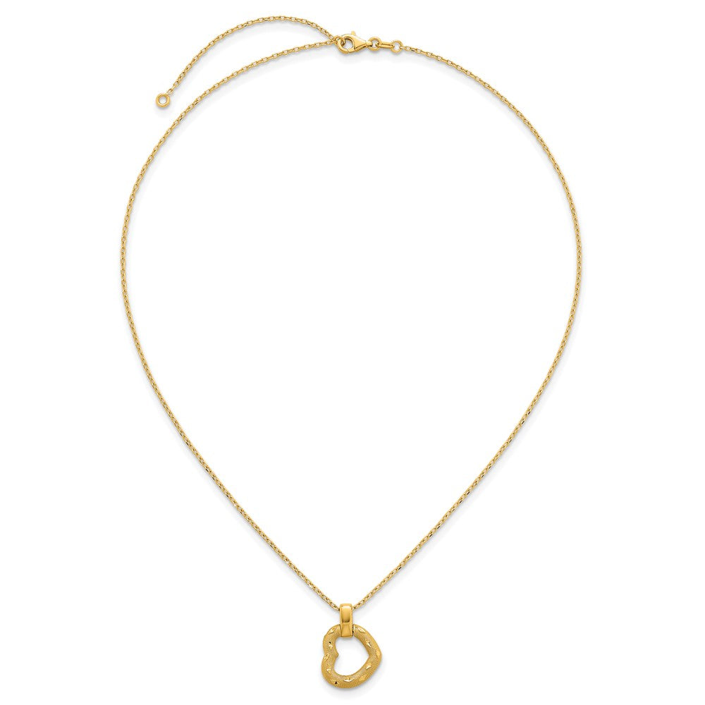 14K Polished Textured D/C Fancy Heart 16in w/2.25in Ext Necklace