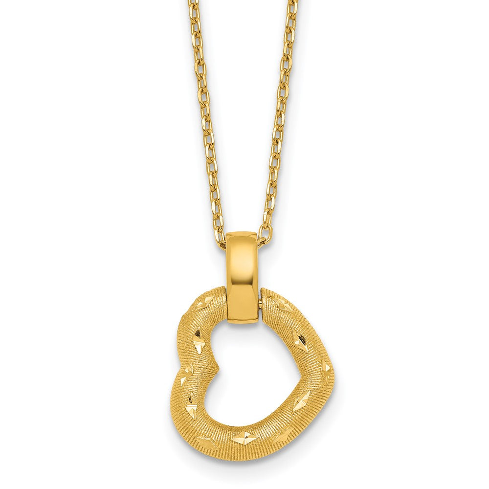 14K Polished Textured D/C Fancy Heart 16in w/2.25in Ext Necklace