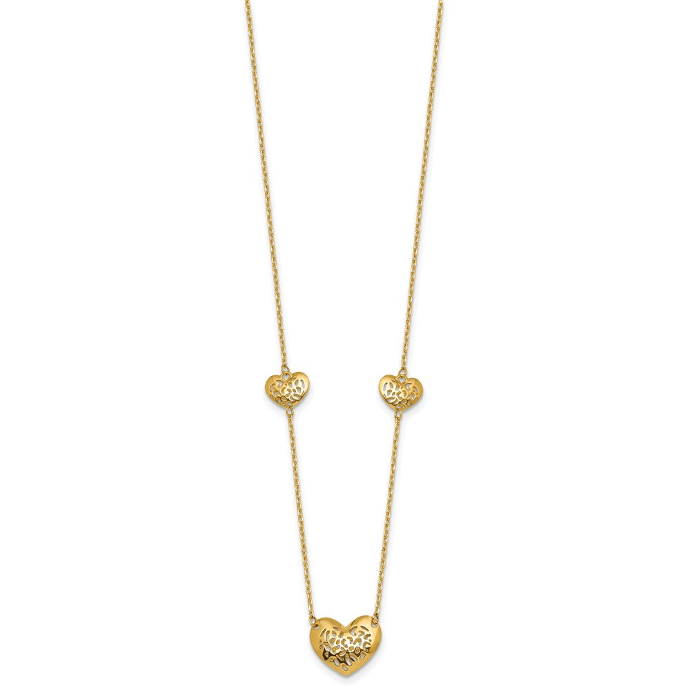 14K Polished and Textured Heart Station 16 w/2in ext. Necklace