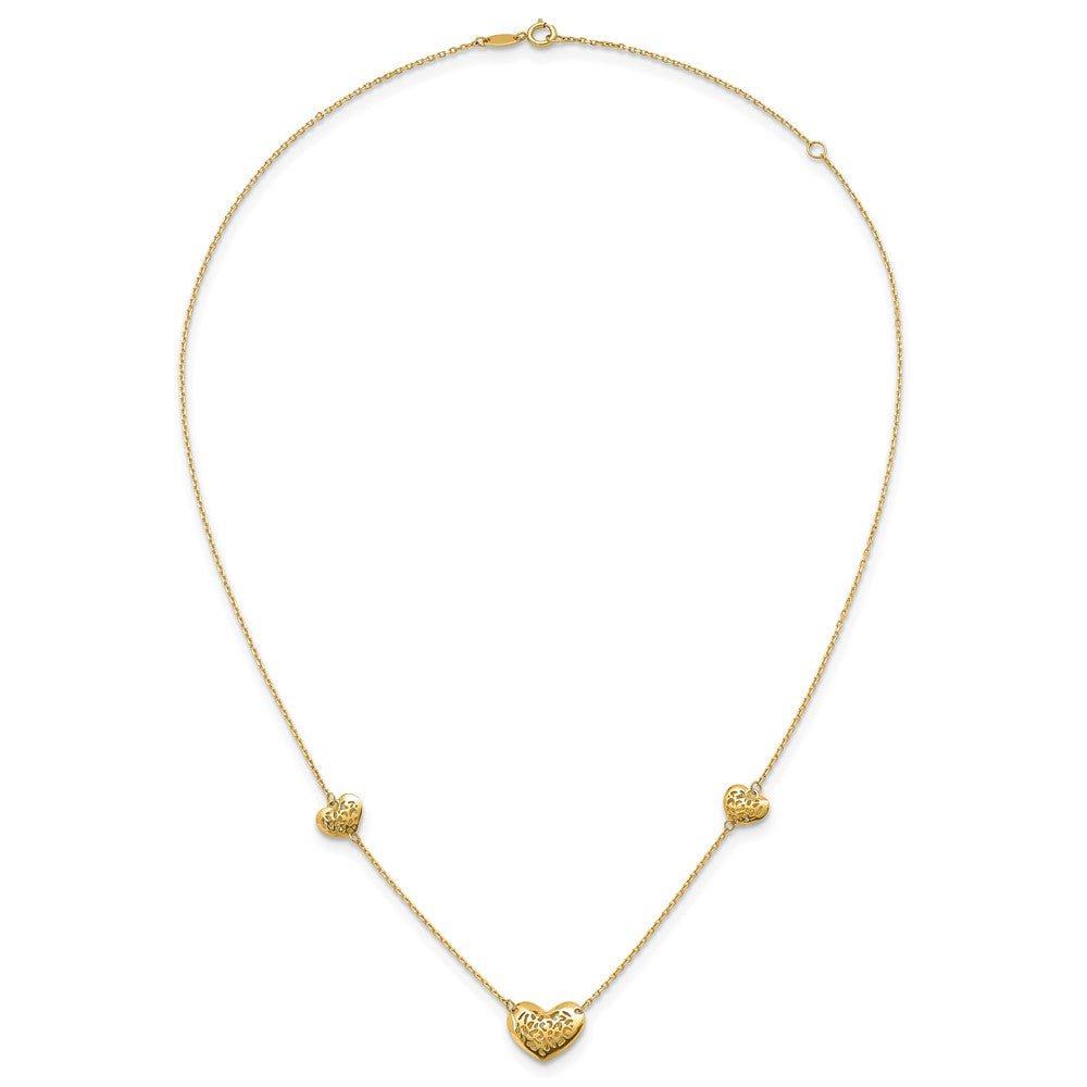 14K Polished and Textured Heart Station 16 w/2in ext. Necklace