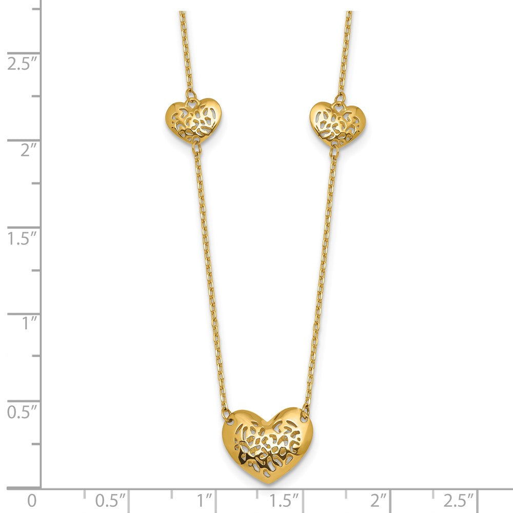 14K Polished and Textured Heart Station 16 w/2in ext. Necklace