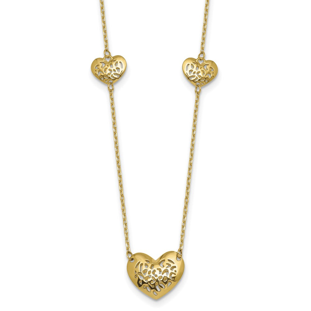 14K Polished and Textured Heart Station 16 w/2in ext. Necklace