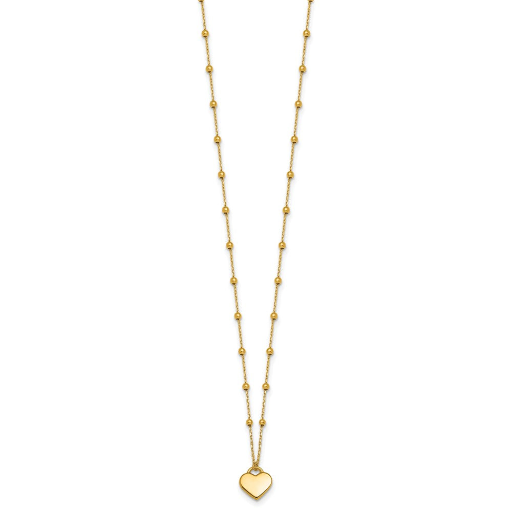 14k Polished Beaded and Heart 16in w/2in ext. Necklace