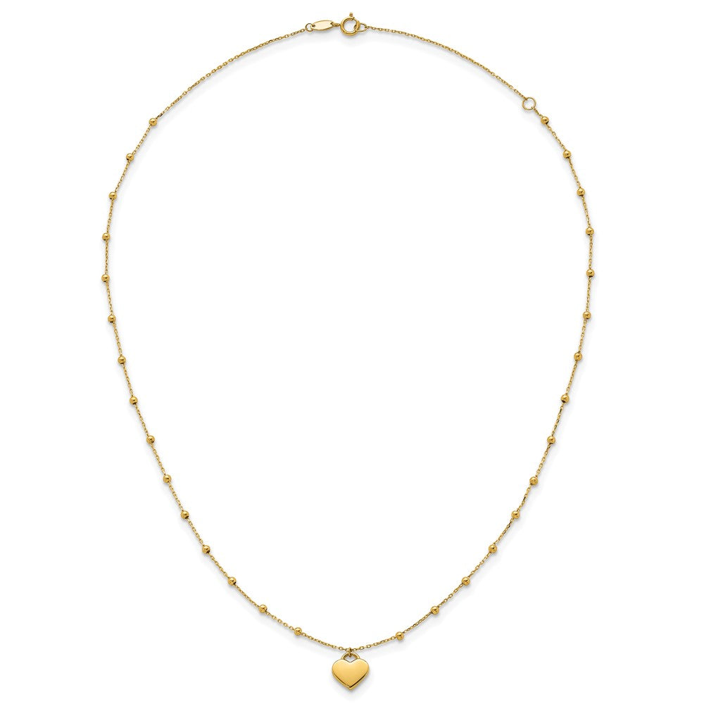 14k Polished Beaded and Heart 16in w/2in ext. Necklace